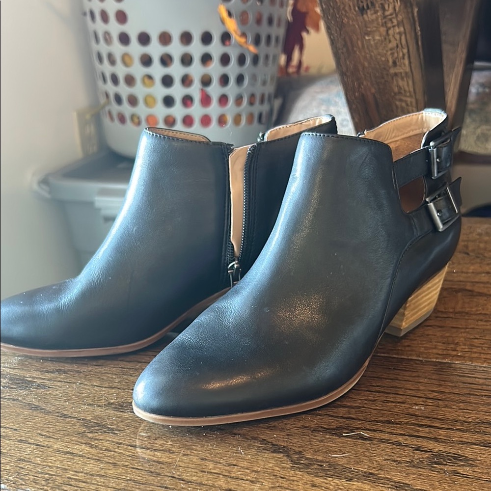Clarks Black Leather Ankle Booties with Buckle Detail